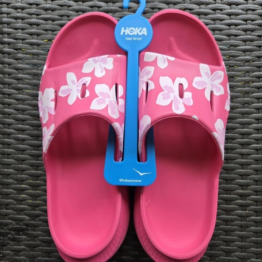 HOKA Pink Floral Slide Sandals